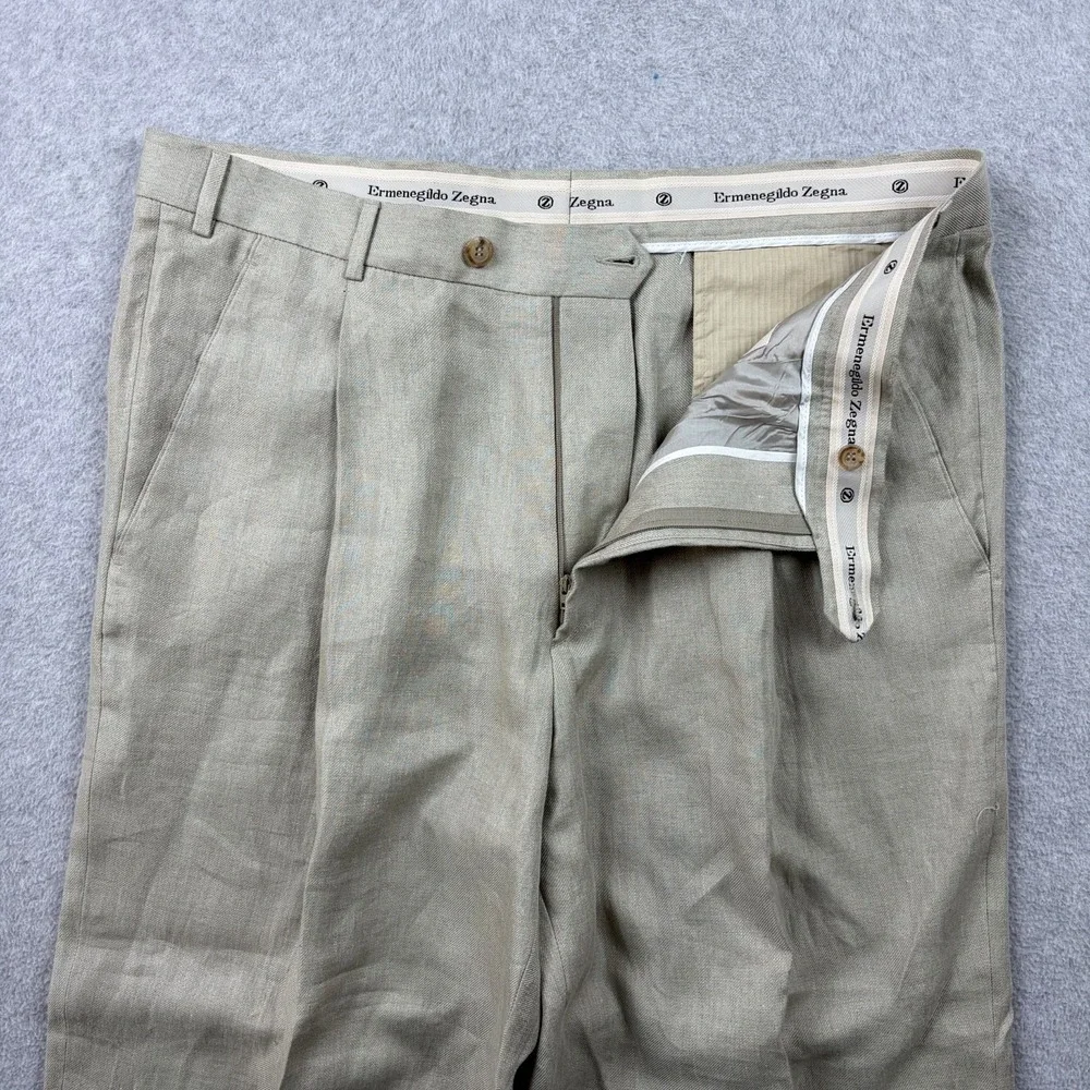 Ermenegildo Zegna Pants Mens 40x29 Beige Linen Pleated Cuffed High Rise Trousers